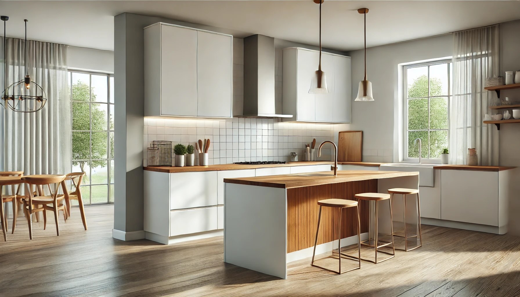 A contemporary kitchen pairing white cabinets with a wooden island countertop