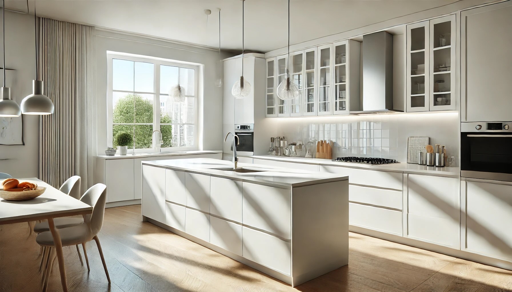 bright and airy kitchen featuring contemporary white cabinets