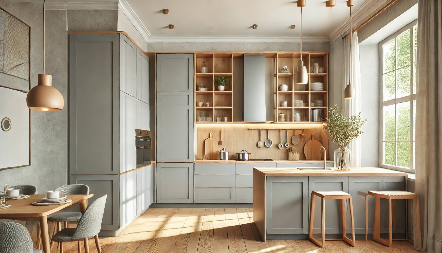 grey and wood kitchen featuring warm wooden accents