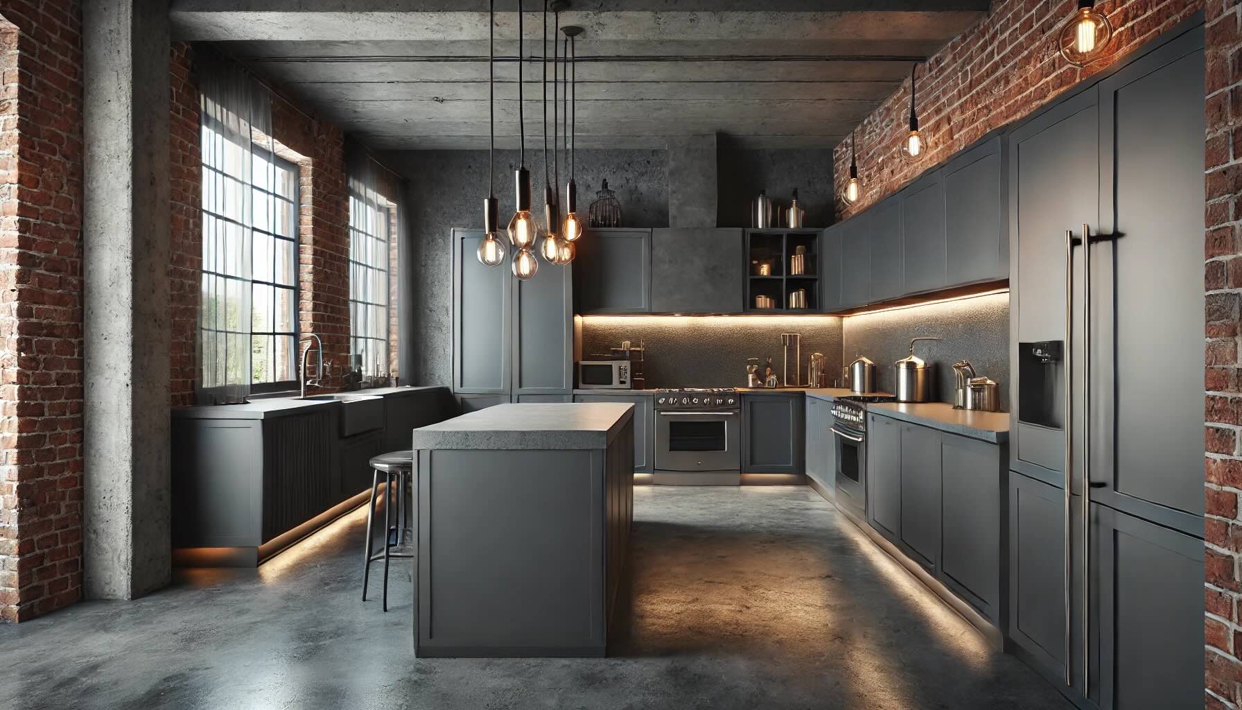 industrial-inspired kitchen with dark grey cabinets