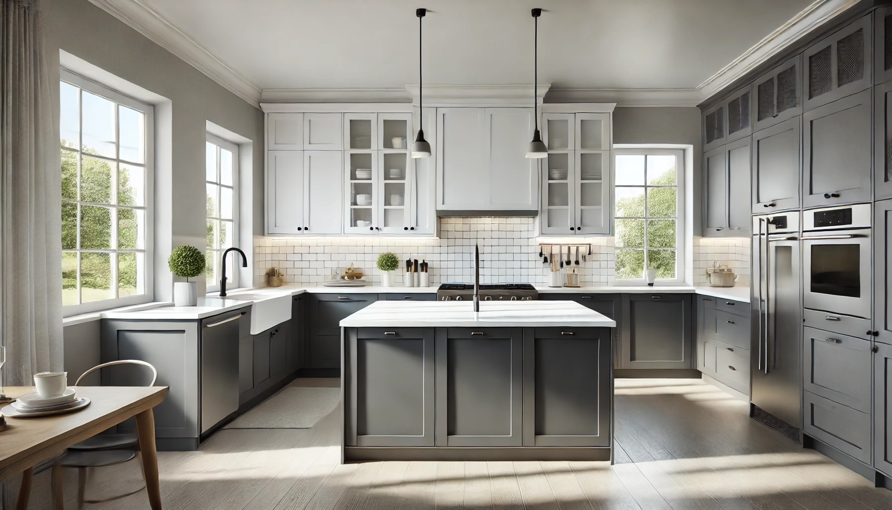 two-toned kitchen showcasing white upper cabinets and charcoal grey lower cabinets