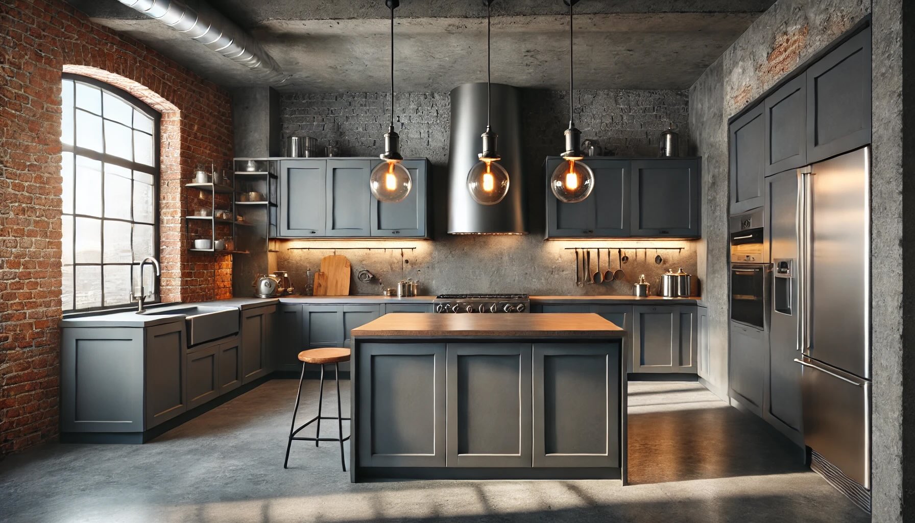 industrial-style kitchen with dark grey cabinetry