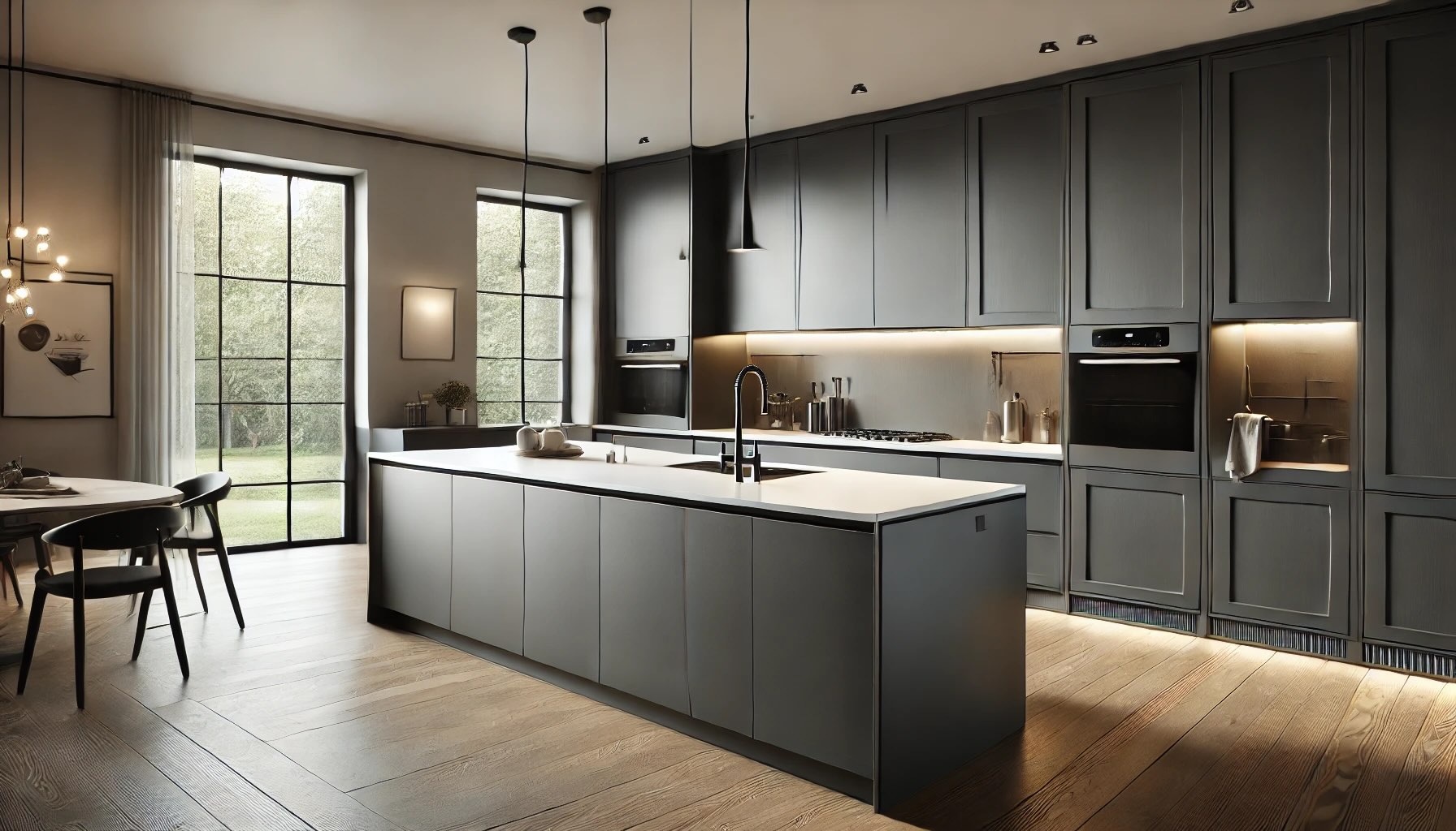 modern kitchen featuring dark grey cabinets