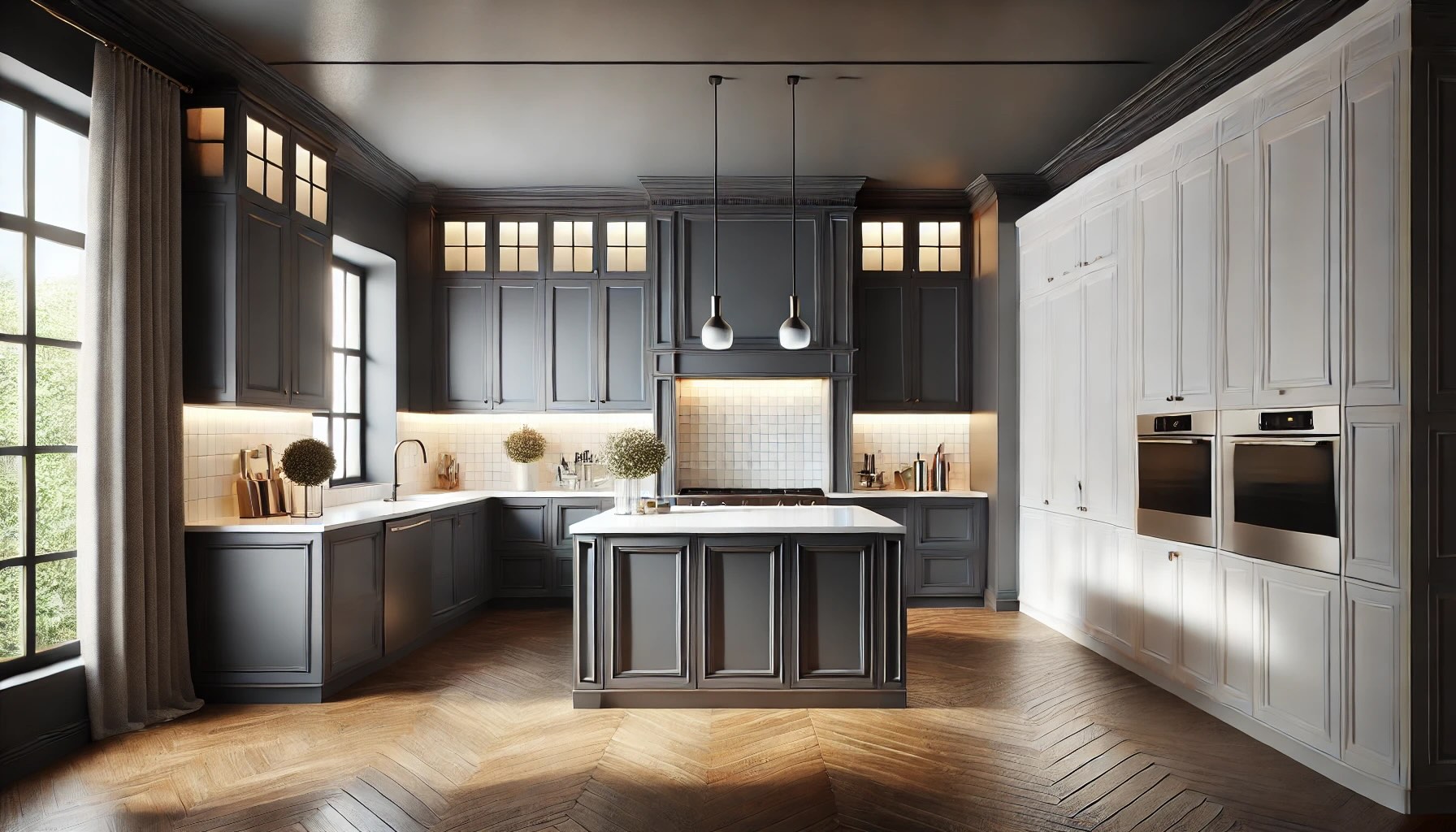 two-toned kitchen showcasing dark grey lower cabinets