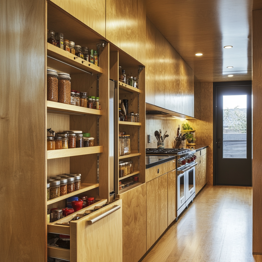 Floor-to-ceiling plywood cabinets with pull-out spice racks by Vorobcraft