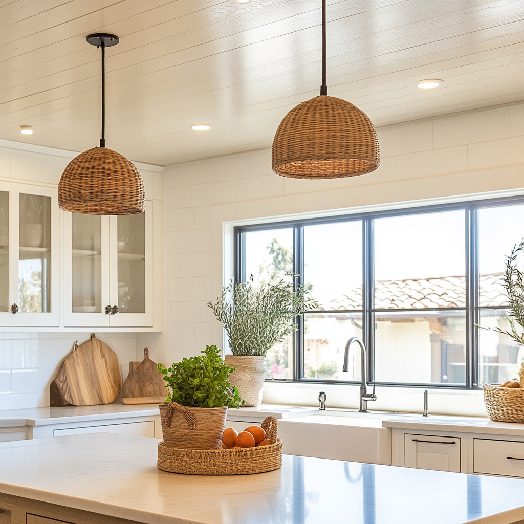 Layered kitchen lighting with natural materials