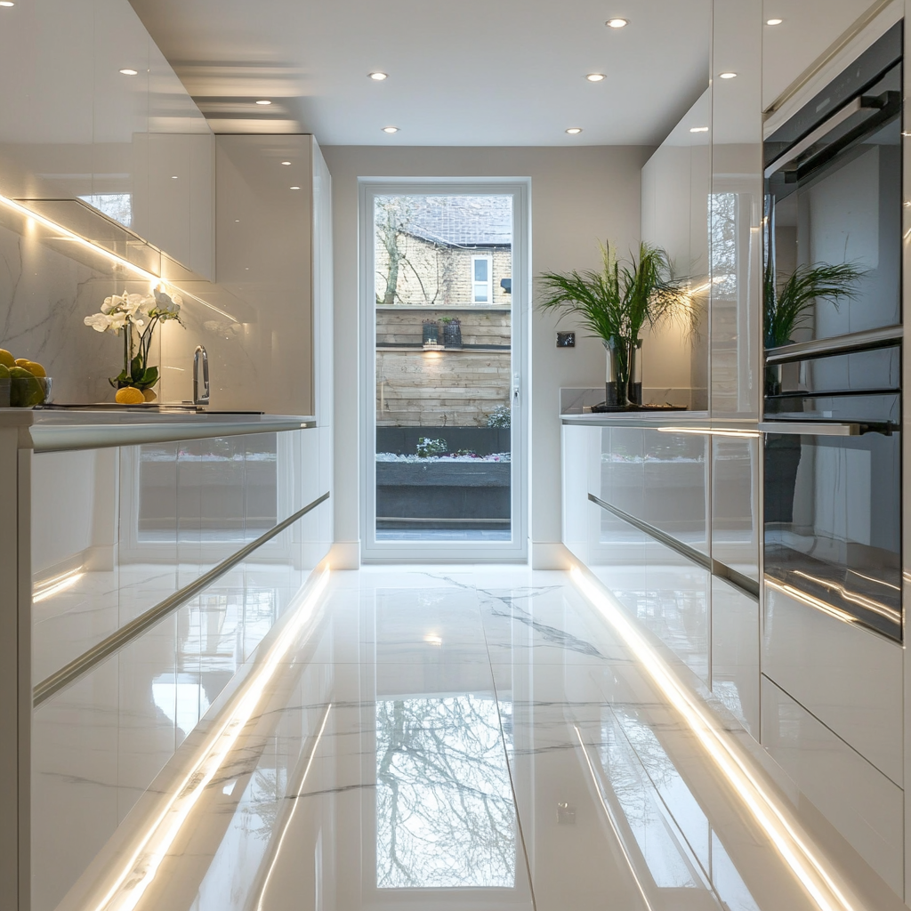 Minimalist kitchen with handle-less glossy cabinetry