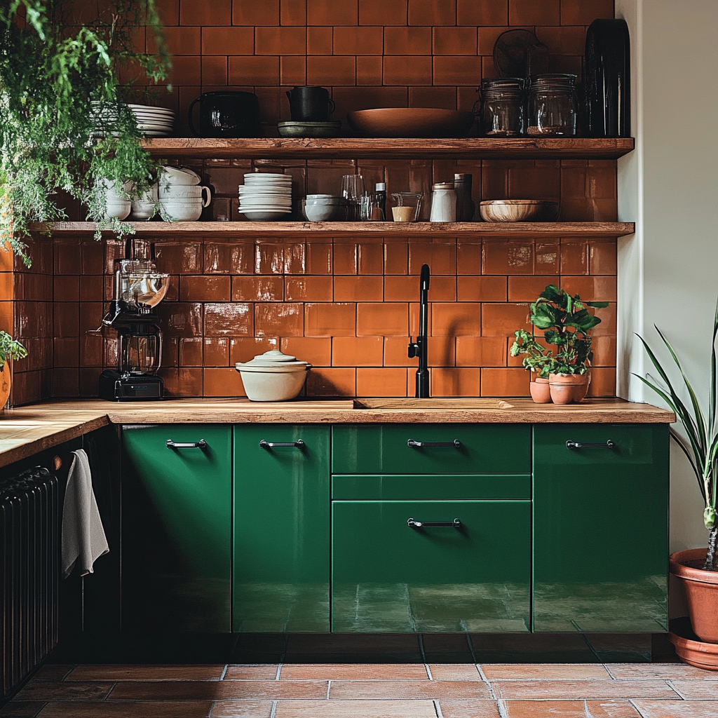 Nature-inspired kitchen with glossy green cabinets