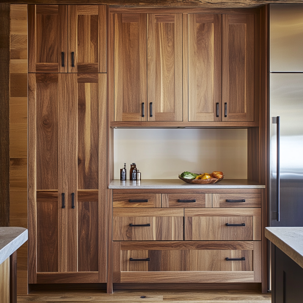 Reclaimed walnut cabinets with visible grain and iron pulls by Vorobcraft