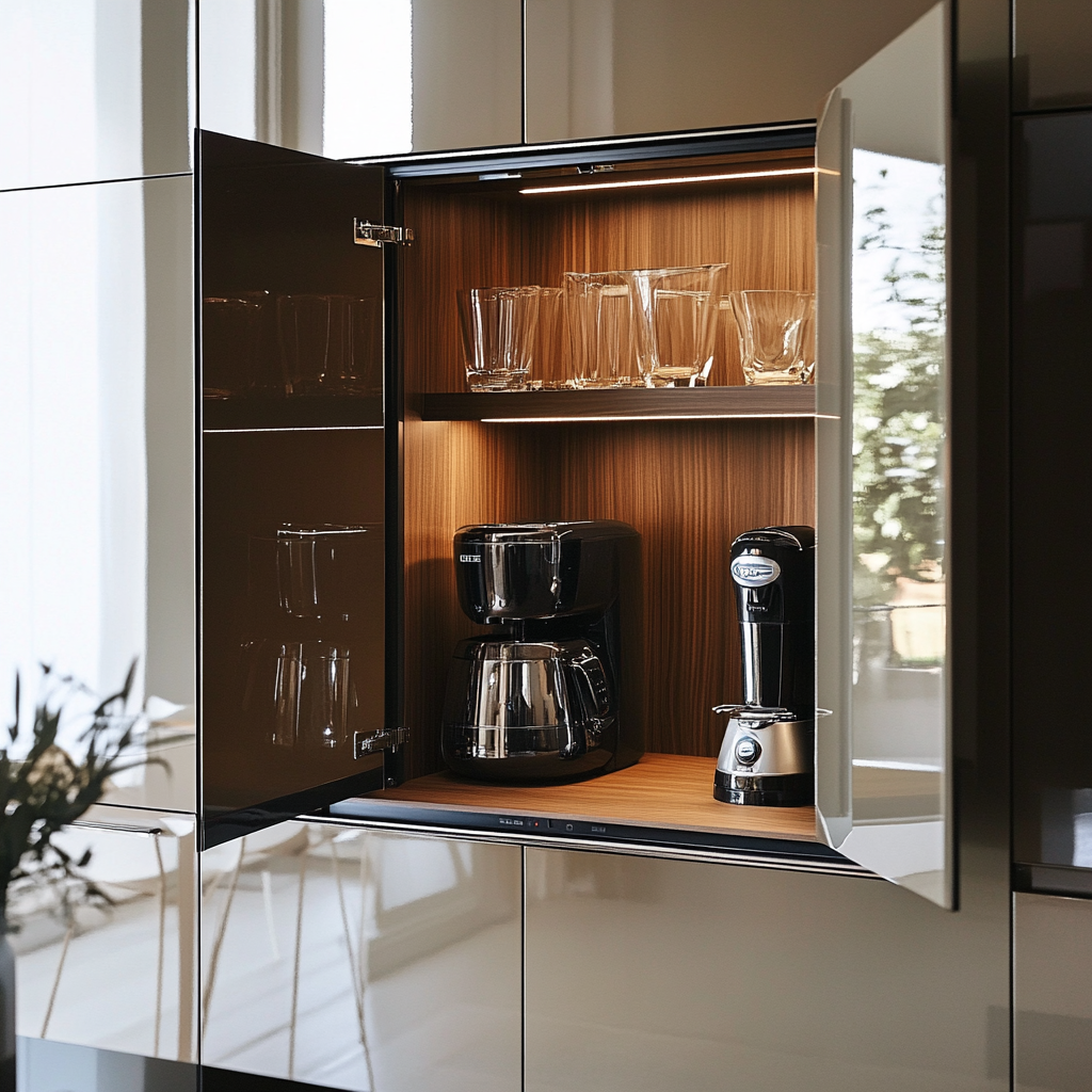 Retractable cabinet concealing a blender and toaster