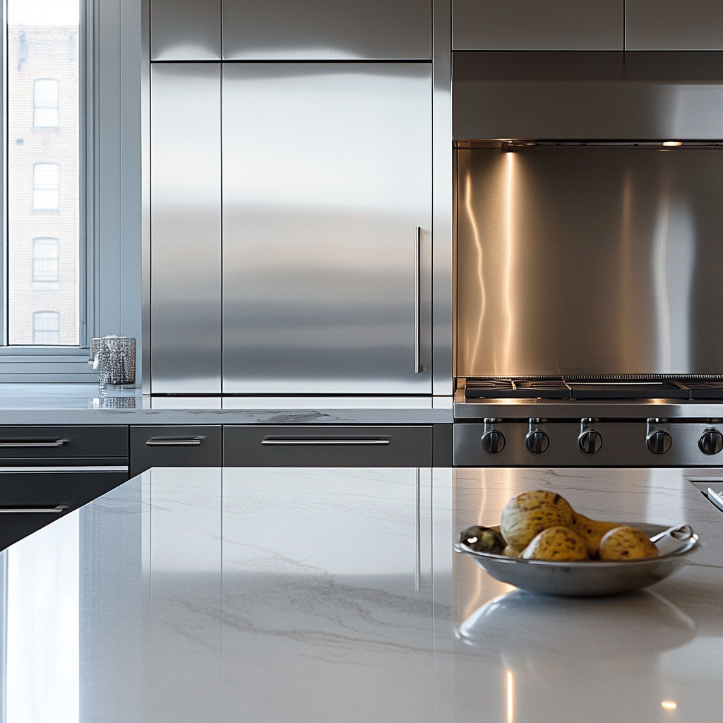 Sleek stainless steel cabinets paired with quartz countertops by Vorobcraft