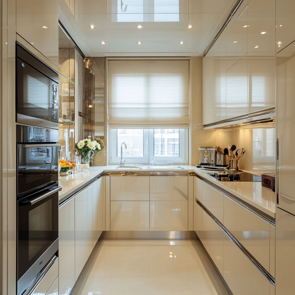 Small kitchen enhanced by light-reflecting glossy cabinets