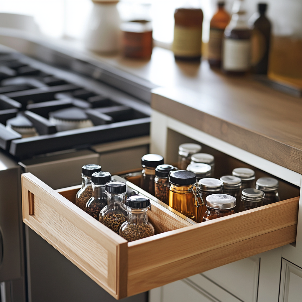 Spice storage solution in a kitchen drawer