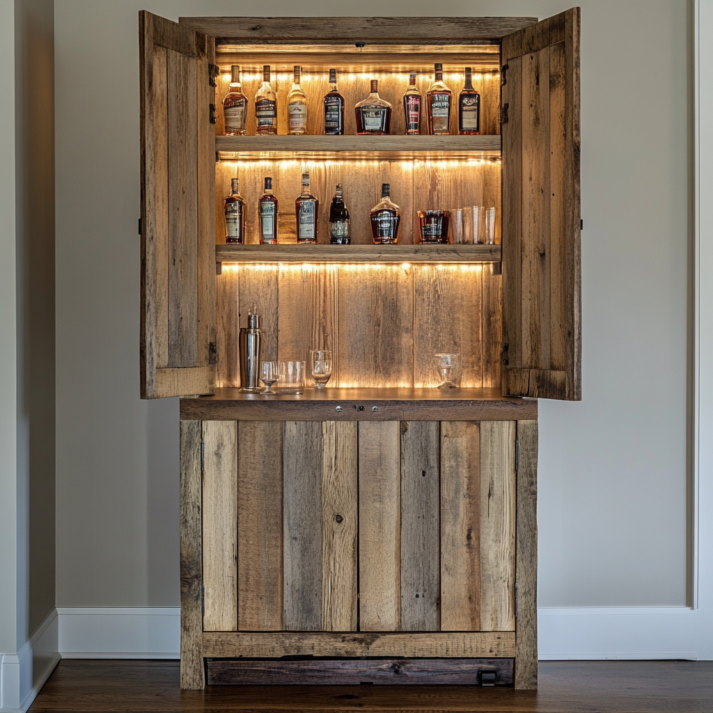 Sustainable custom bar cabinet with rustic charm