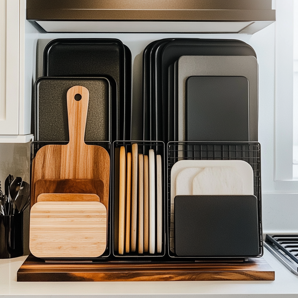 Vertical bakeware storage in a modern kitchen cabinet