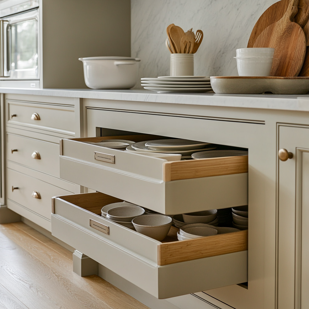 kitchen cupboard with with tiered shelves for baking sheets and mixing bowls