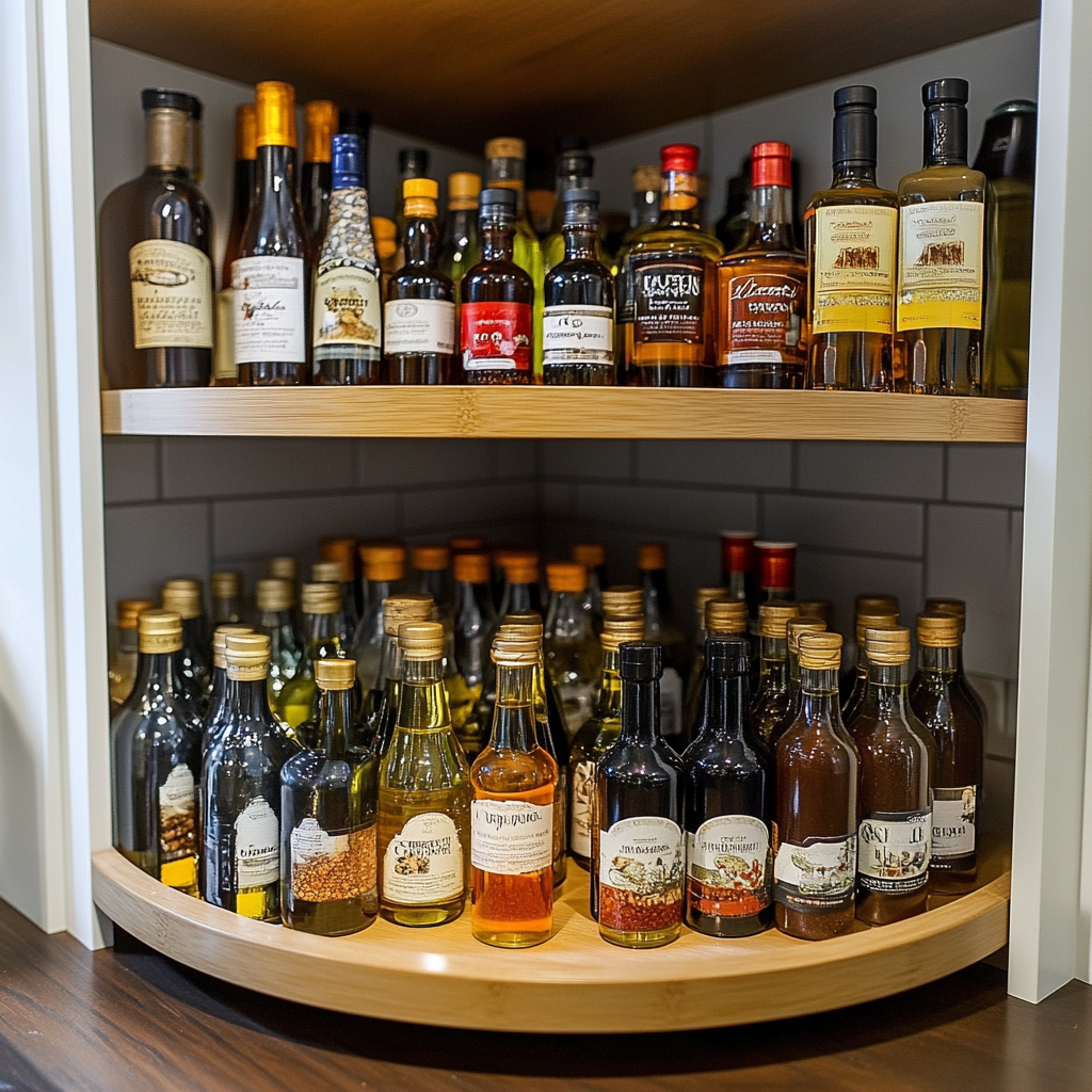 organizer in a corner kitchen cabinet with oils, vinegar, and spices