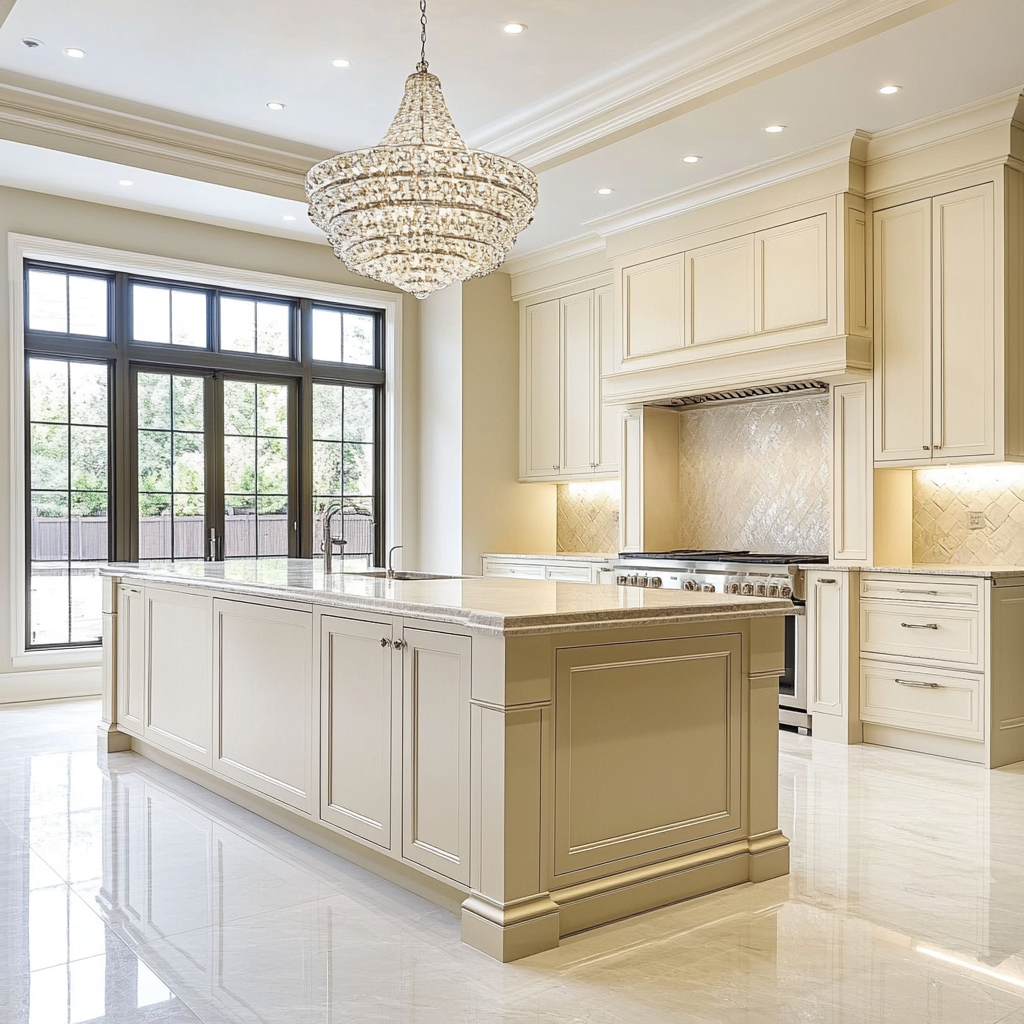 A luxurious kitchen with cream-colored raised-panel cabinet styles