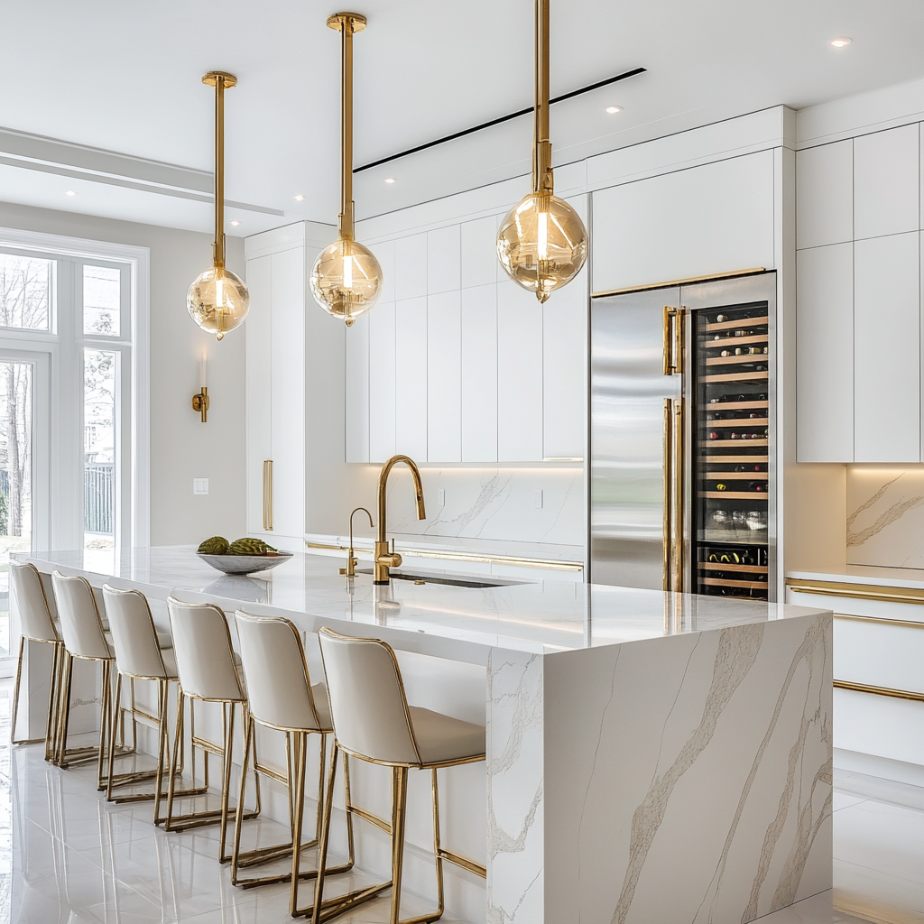 A luxury Oakville kitchen with a large waterfall island in white quartz