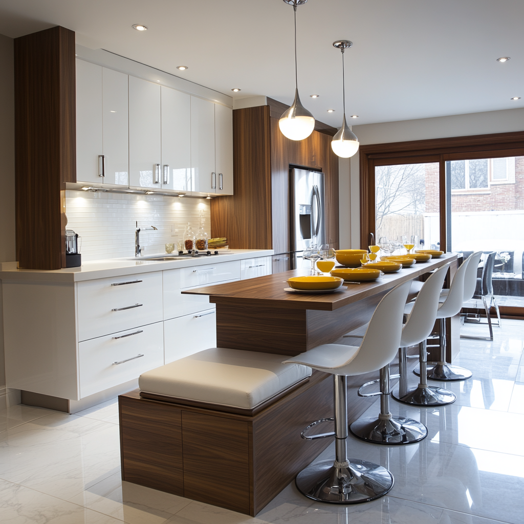 A modern Toronto kitchen featuring a narrow custom island with built-in seating