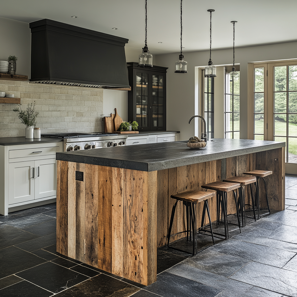 A rustic-modern Hamilton kitchen with a reclaimed wood island base and dark stone countertop