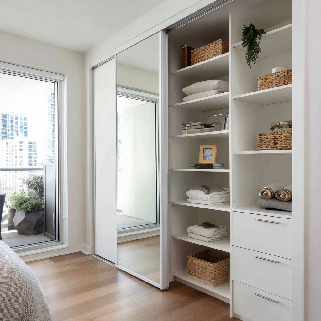 Compact reach-in closet with sliding mirror doors