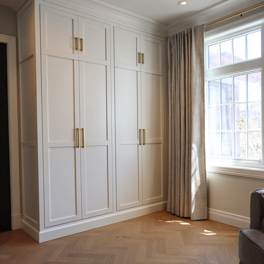 Elegant freestanding wardrobe in white with brass handles