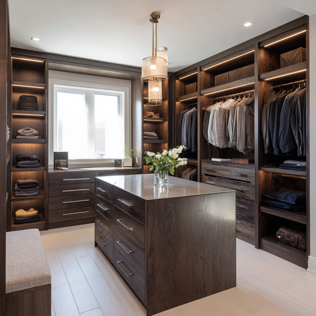 Spacious walk-in closet with built-in island drawers