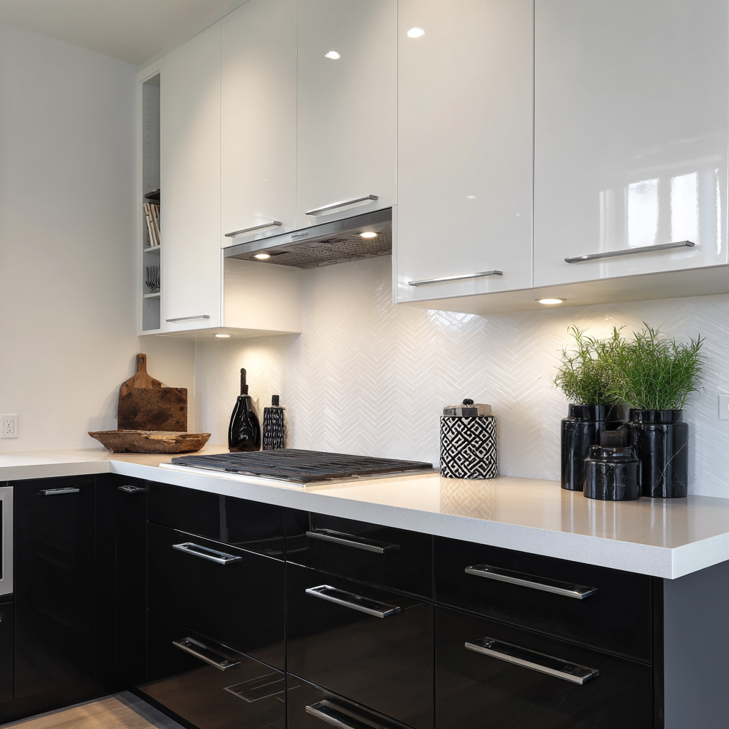 Black and white kitchen cabinets featuring upper glossy white MDF doors