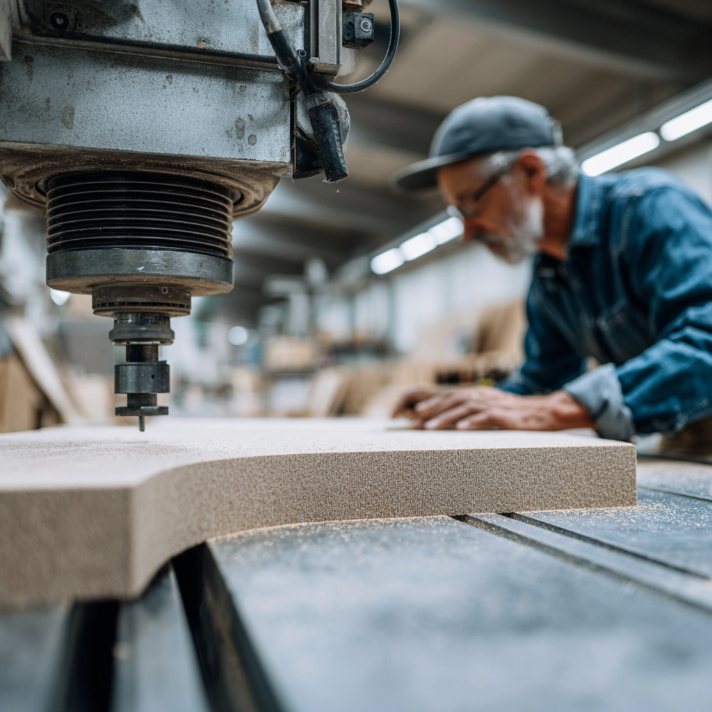 Cabinet maker working in a workshop, shaping an MDF cabinet door