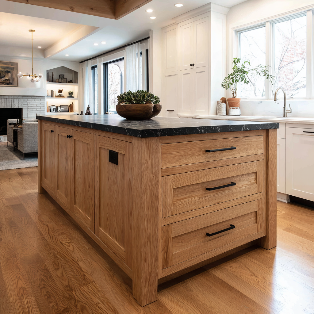 Kitchen cabinets ideas: custom white oak kitchen island with built-in drawers and black quartz countertop