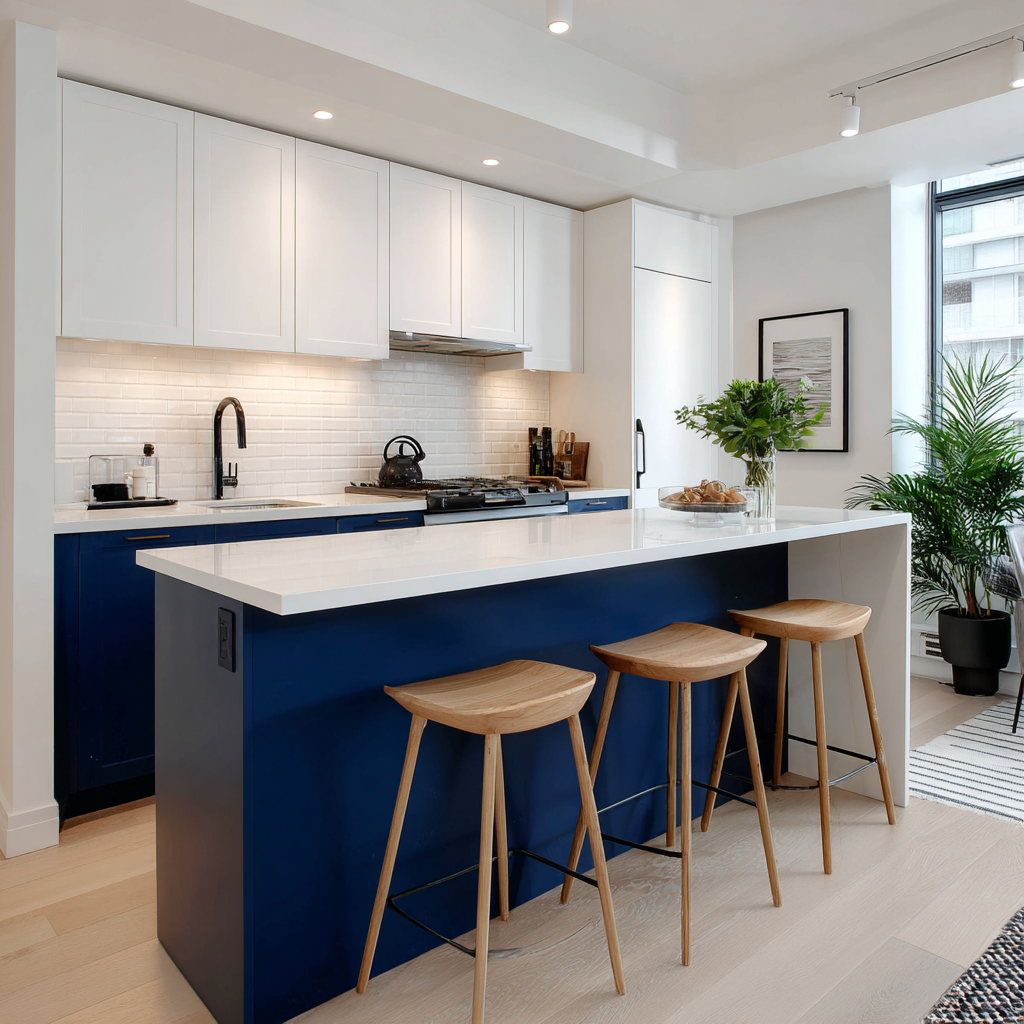 Kitchen cabinets ideas: two-tone kitchen with navy blue lower cabinets and white uppers