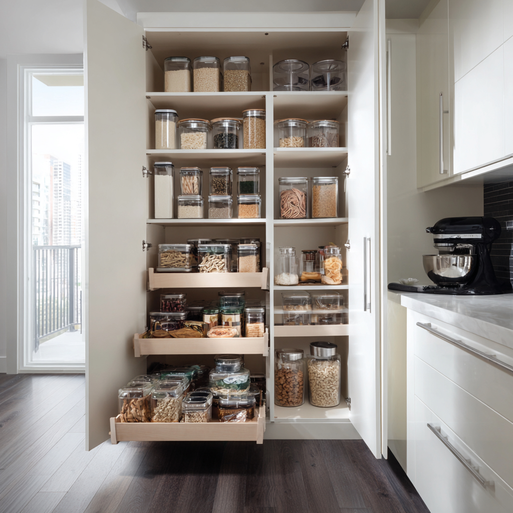 Modern kitchen pantry cabinets with pull-out shelving, showcasing neatly organized dry goods and soft-close hardware