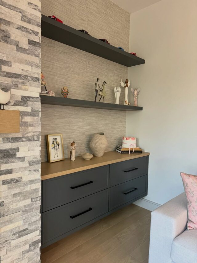 A custom built-in with floating shelves and drawer storage designed to keep the space both functional and visually light.

A balance of display, storage, and modern design — all built to fit the space perfectly.

Location: Toronto, ON
Material: Custom cabinetry with wood countertop
Color: Deep grey with natural wood
Website: www.vorobcraft.com
Phone: +1 (905) 732-6805